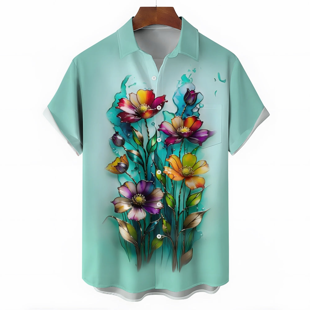 Hawaiian Floral Gradient 3D Print Men's Button Pocket Short Sleeve Shirt 2408000896