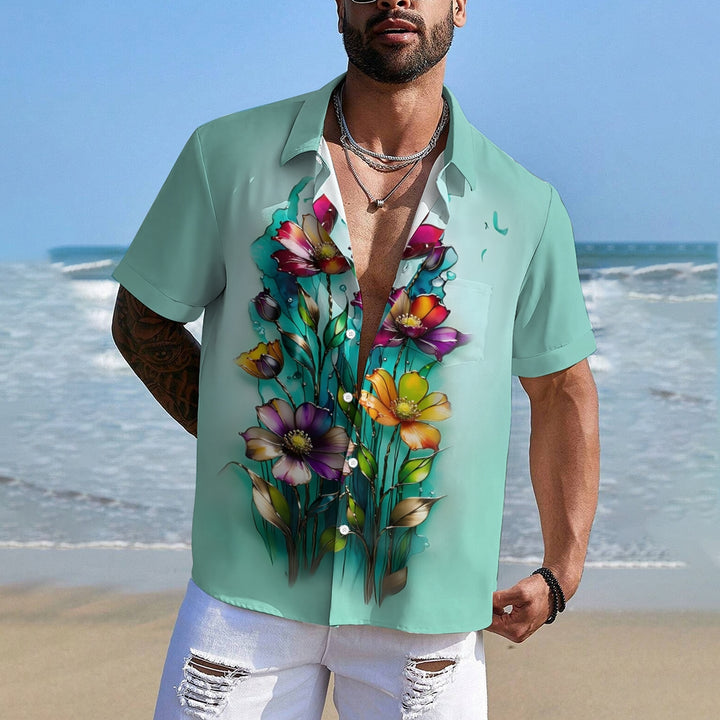 Hawaiian Floral Gradient 3D Print Men's Button Pocket Short Sleeve Shirt 2408000896