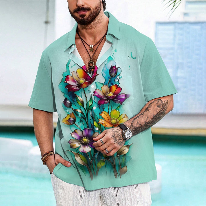 Hawaiian Floral Gradient 3D Print Men's Button Pocket Short Sleeve Shirt 2408000896