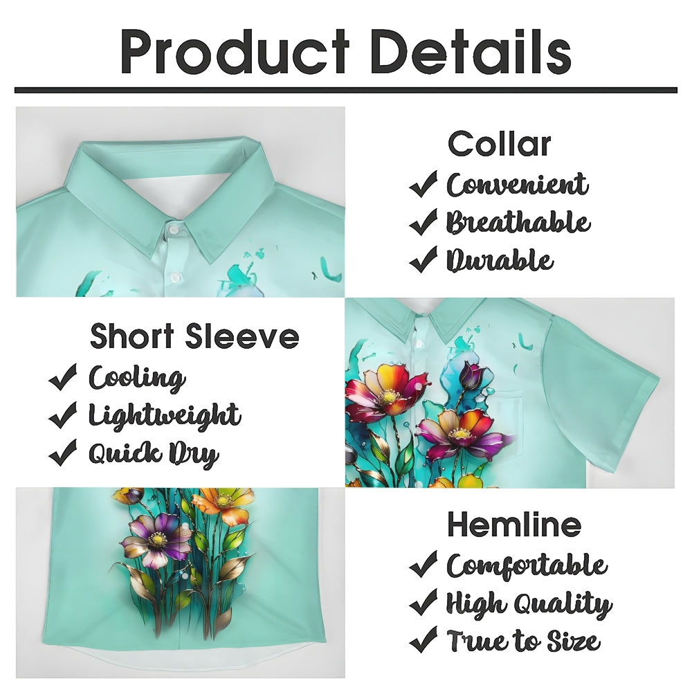 Hawaiian Floral Gradient 3D Print Men's Button Pocket Short Sleeve Shirt 2408000896