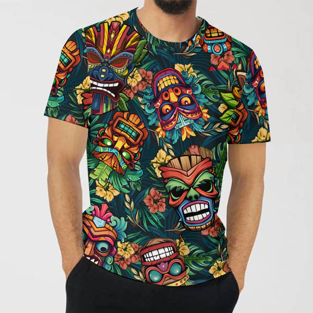 Men's Round Neck Tiki Art Casual T-Shirt 2312000407