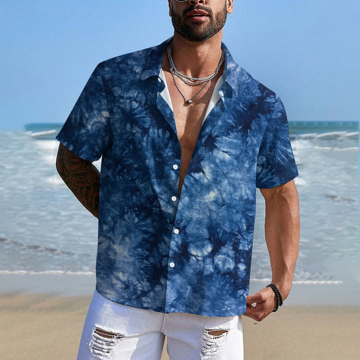 Men's Blue Tie Dye Irregular Print Short Sleeve Shirt 2408001431