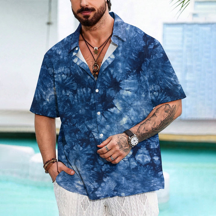 Men's Blue Tie Dye Irregular Print Short Sleeve Shirt 2408001431