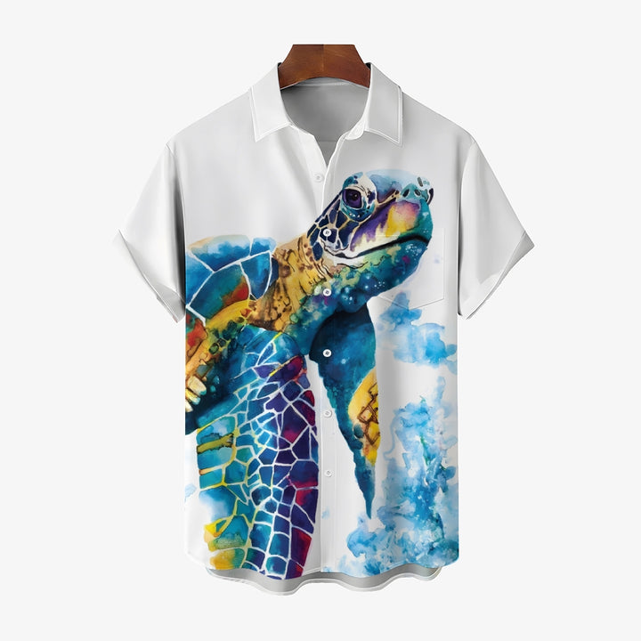 Men's Watercolor Art Turtle Casual Short Sleeve Shirt 2403000810