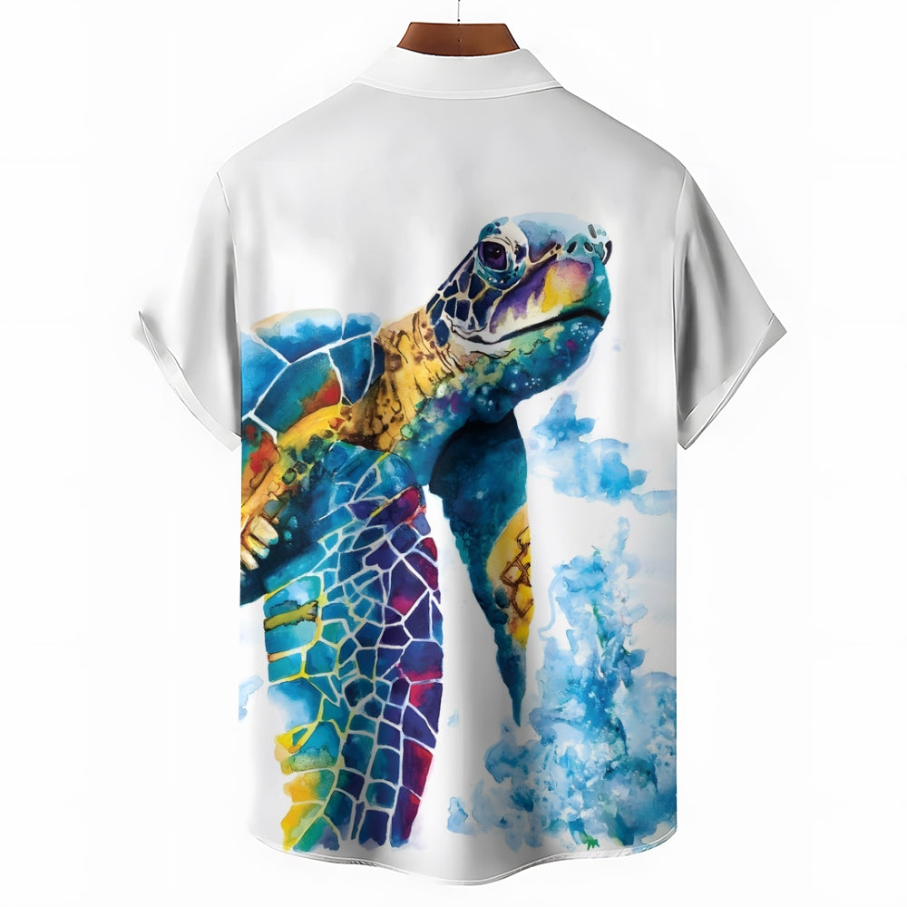 Men's Watercolor Art Turtle Casual Short Sleeve Shirt 2403000810