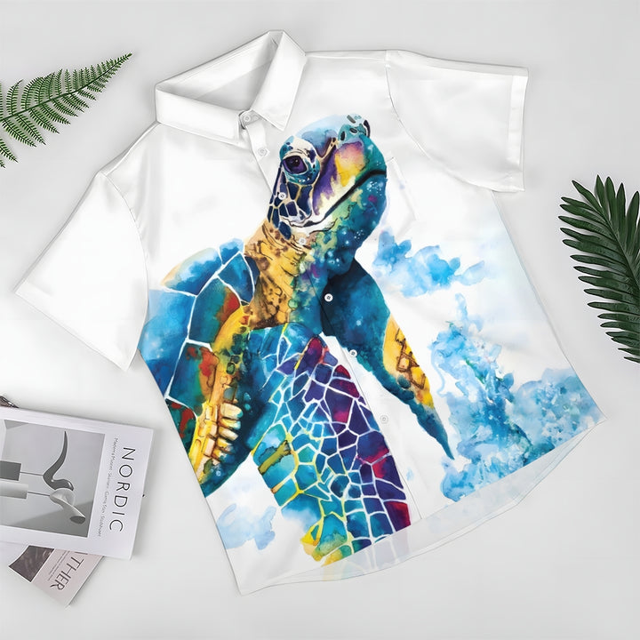 Men's Watercolor Art Turtle Casual Short Sleeve Shirt 2403000810