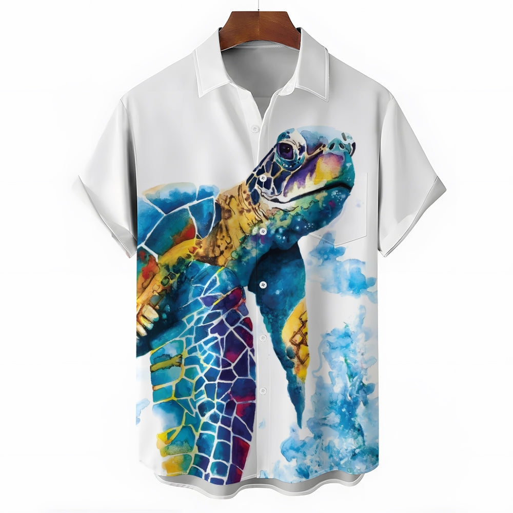 Men's Watercolor Art Turtle Casual Short Sleeve Shirt 2403000810