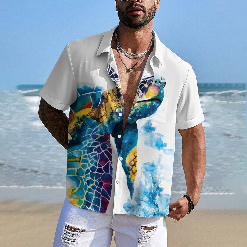 Men's Watercolor Art Turtle Casual Short Sleeve Shirt 2403000810