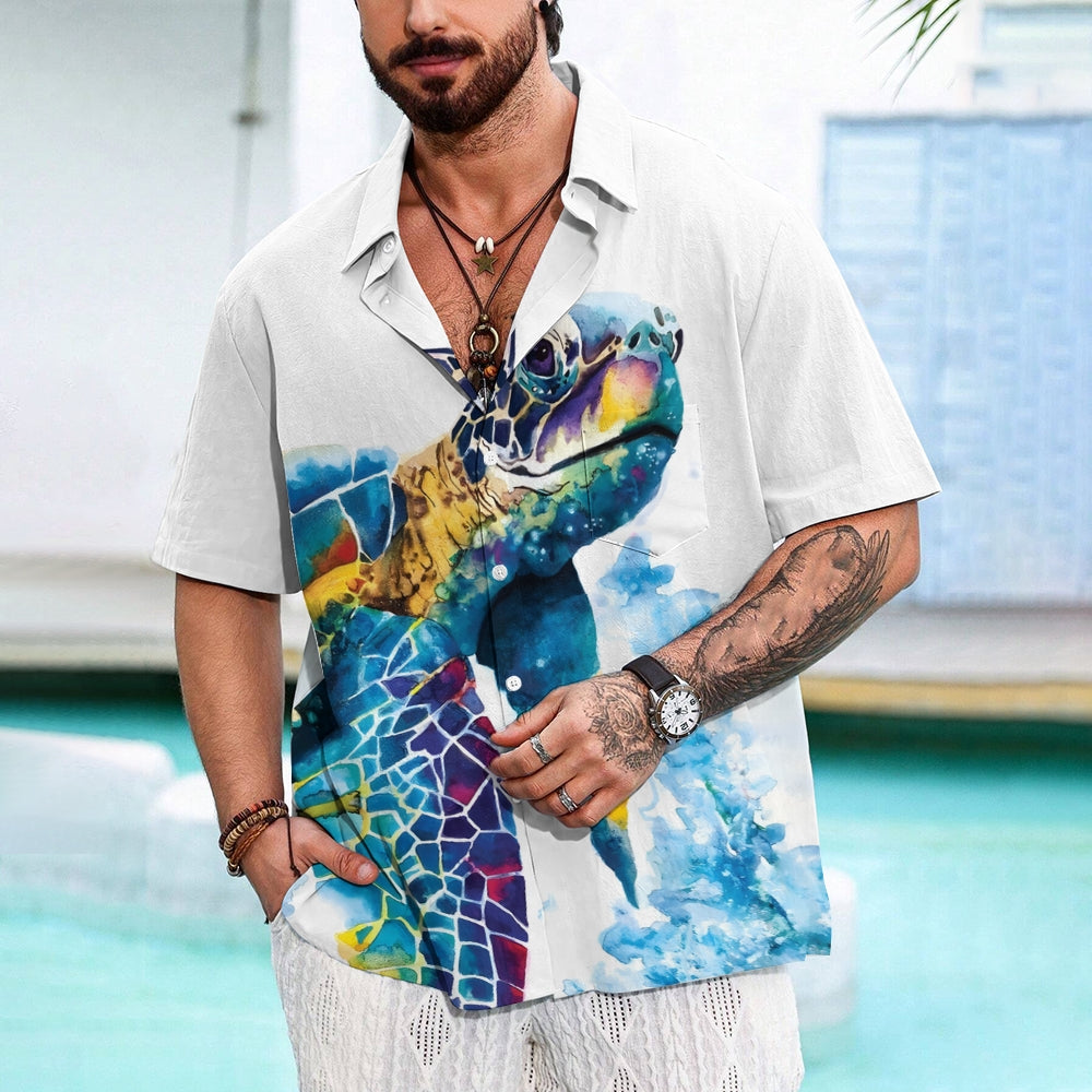 Men's Watercolor Art Turtle Casual Short Sleeve Shirt 2403000810