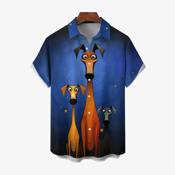 Art Painting Dog Large Size Cotton and Linen Short Sleeve Shirt 2406001517