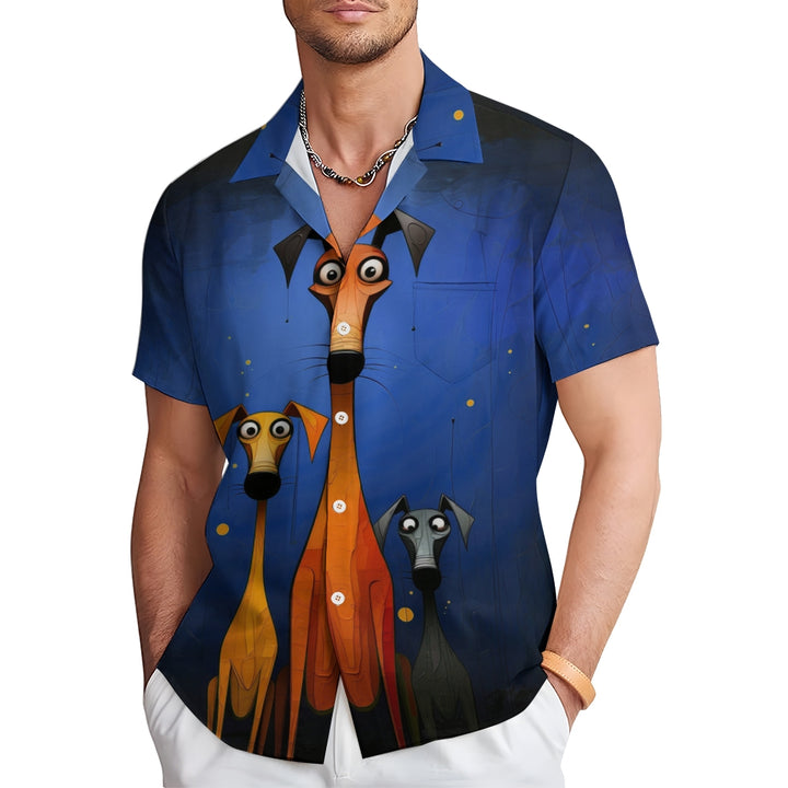 Art Painting Dog Large Size Cotton and Linen Short Sleeve Shirt 2406001517