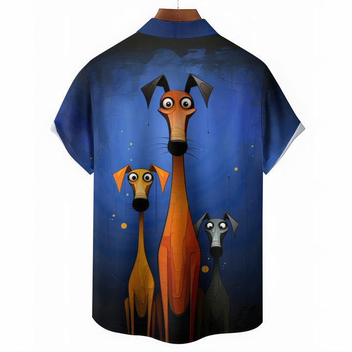 Art Painting Dog Large Size Cotton and Linen Short Sleeve Shirt 2406001517