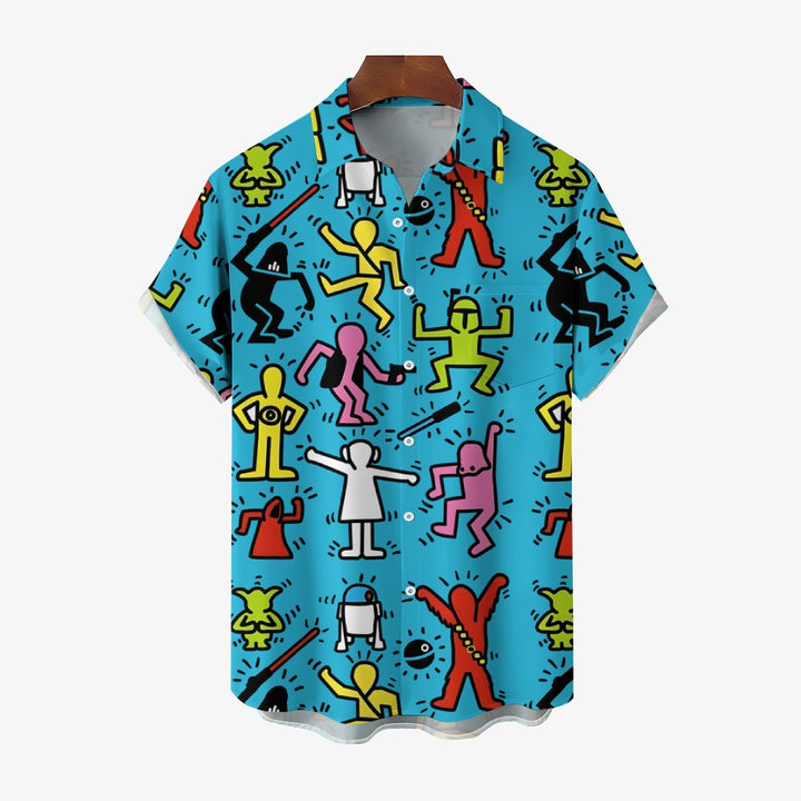 Blue Cartoon Space Warriors Printing Short Sleeve Shirt 2408001700