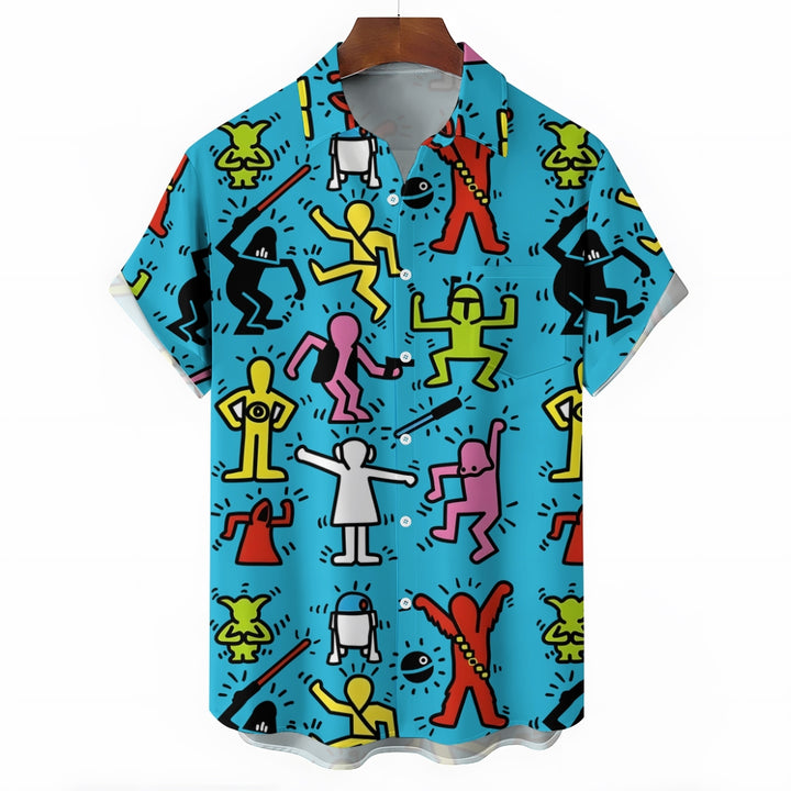 Blue Cartoon Space Warriors Printing Short Sleeve Shirt 2408001700