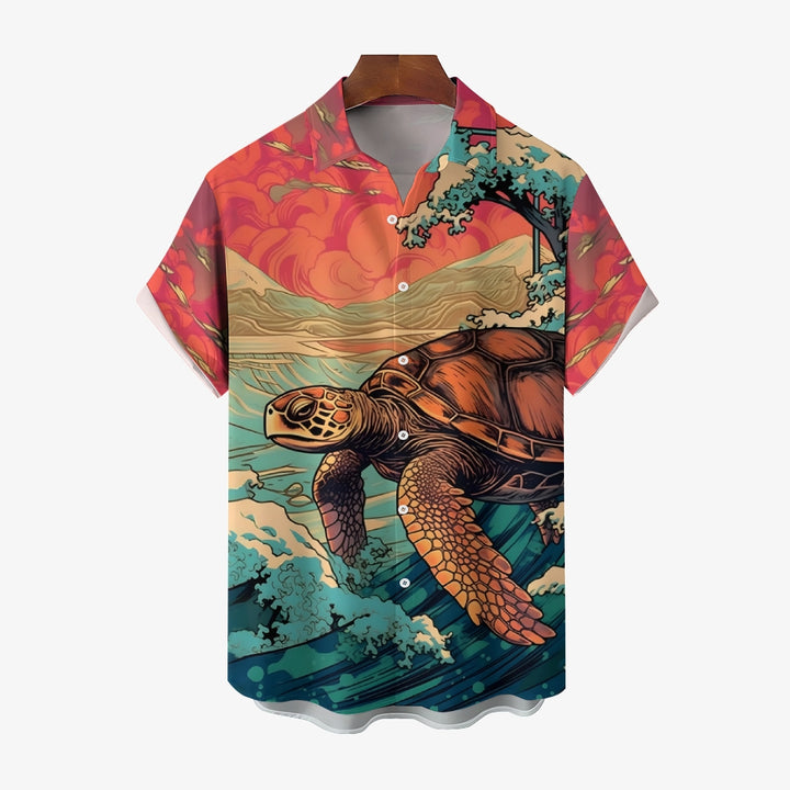 Ukiyoe Art Style Sea Turtle Casual Short Sleeve Shirt 2402000124