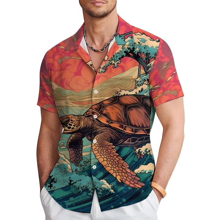 Ukiyoe Art Style Sea Turtle Casual Short Sleeve Shirt 2402000124