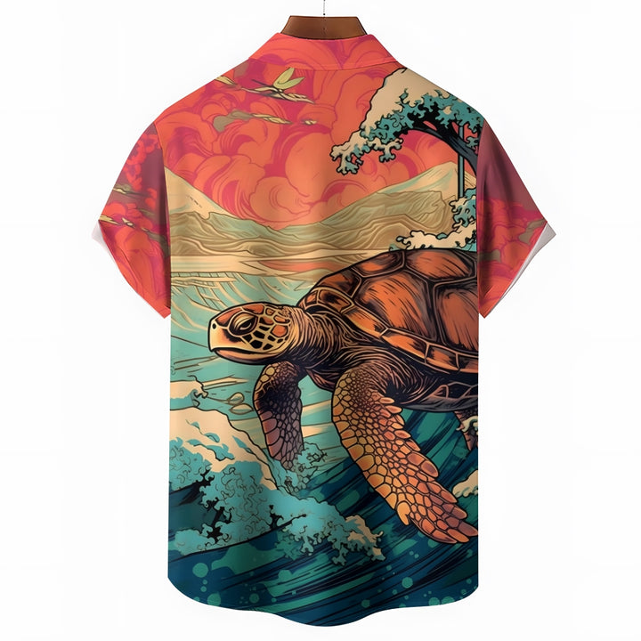 Ukiyoe Art Style Sea Turtle Casual Short Sleeve Shirt 2402000124