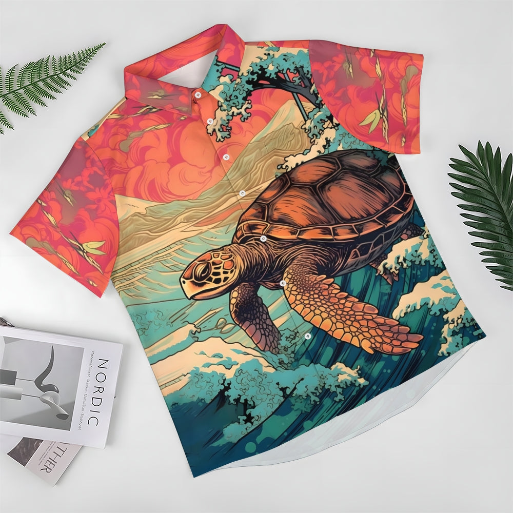 Ukiyoe Art Style Sea Turtle Casual Short Sleeve Shirt 2402000124