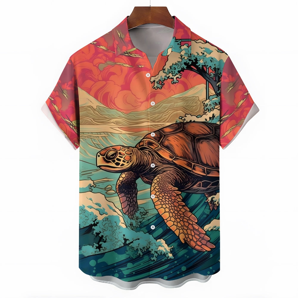 Ukiyoe Art Style Sea Turtle Casual Short Sleeve Shirt 2402000124