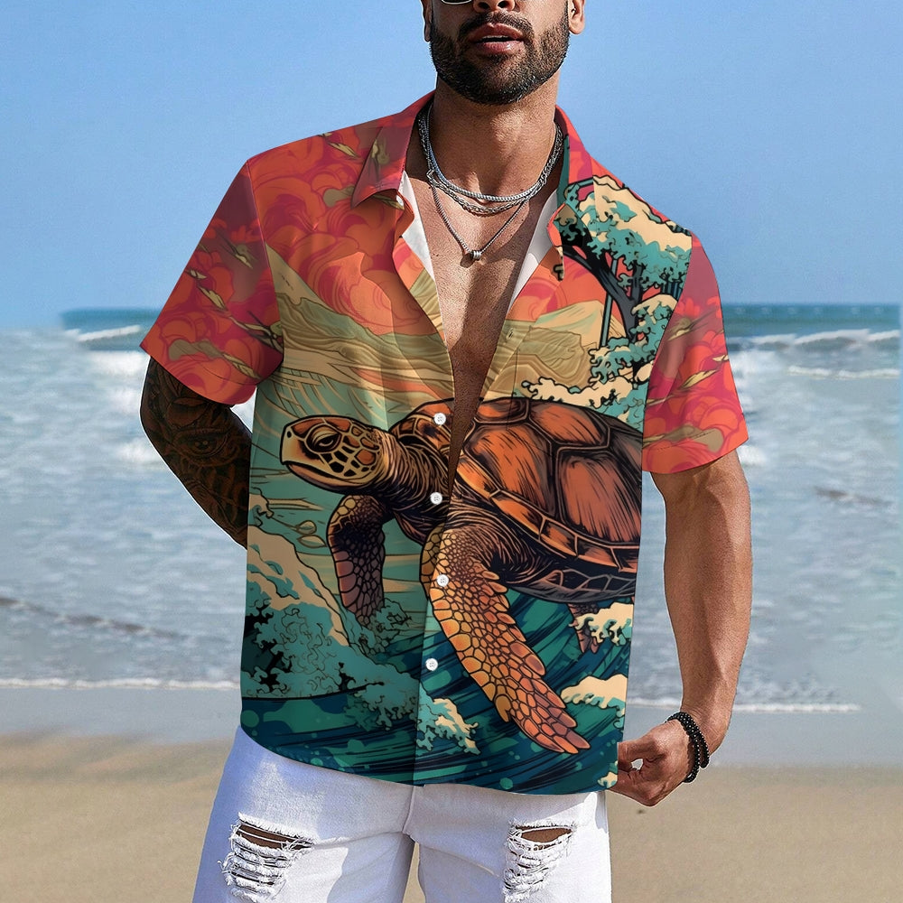 Ukiyoe Art Style Sea Turtle Casual Short Sleeve Shirt 2402000124