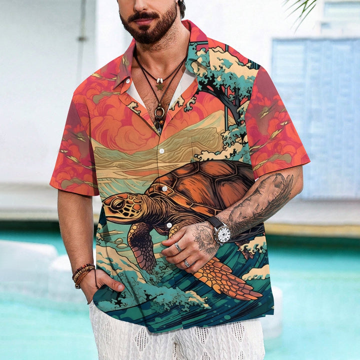 Ukiyoe Art Style Sea Turtle Casual Short Sleeve Shirt 2402000124