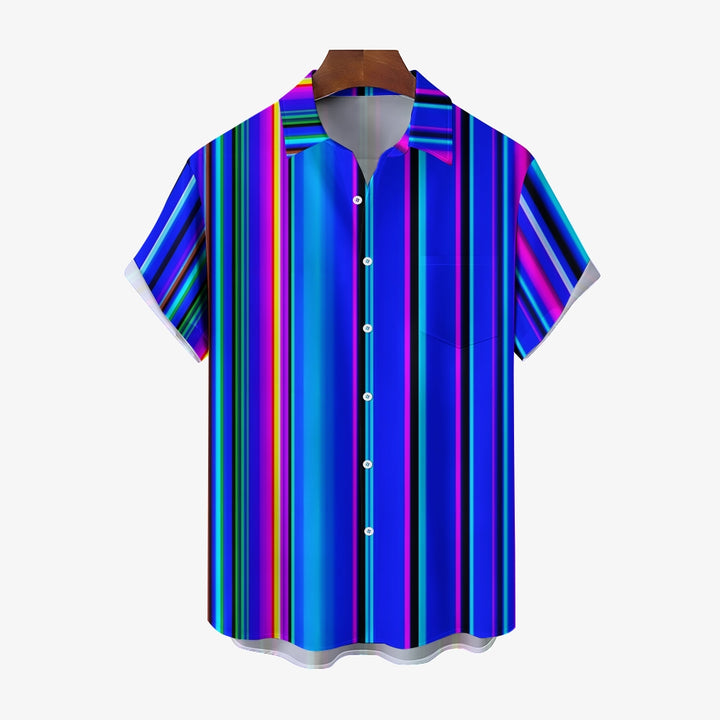 Men's Blue Stripes Casual Short Sleeve Shirt 2403000463