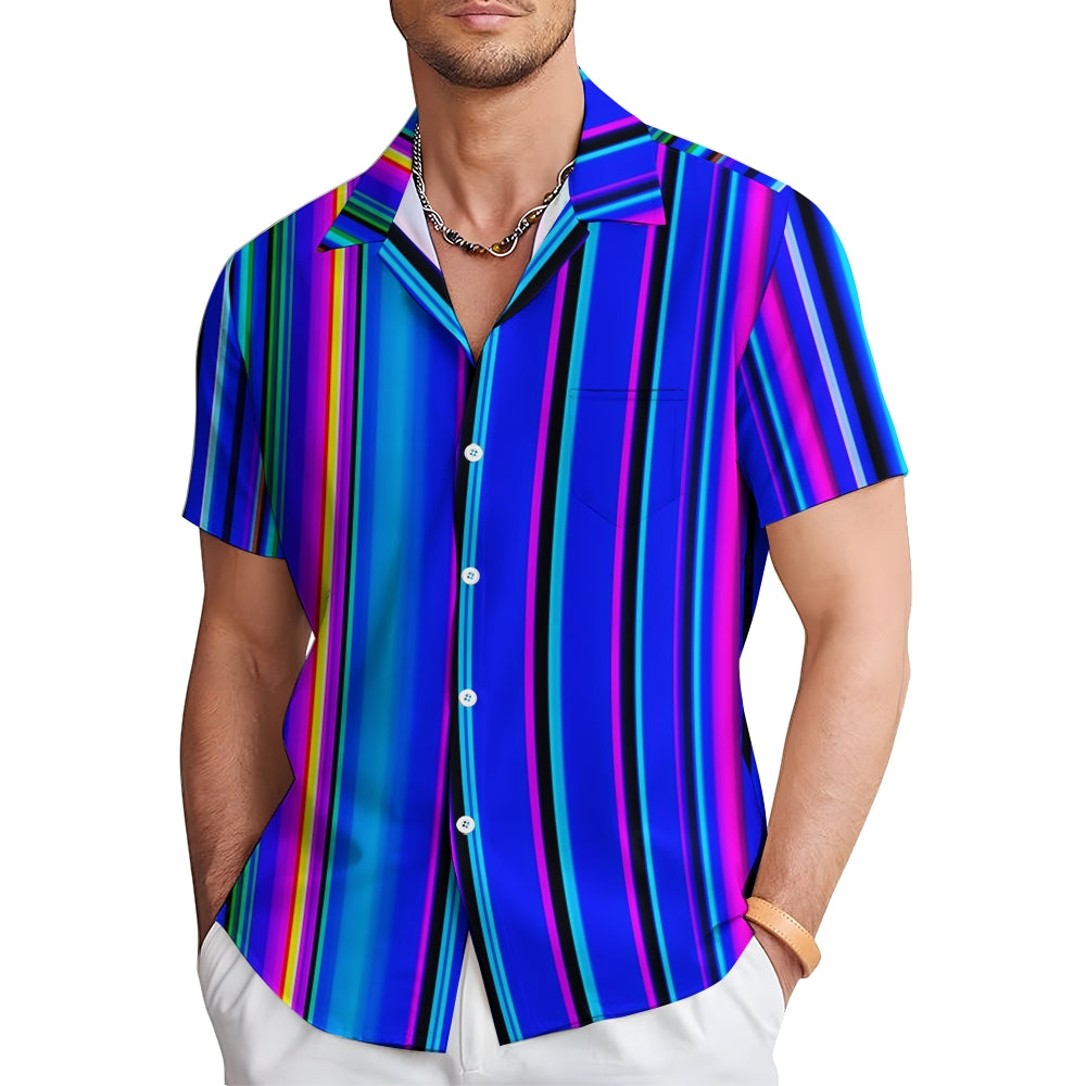 Men's Blue Stripes Casual Short Sleeve Shirt 2403000463