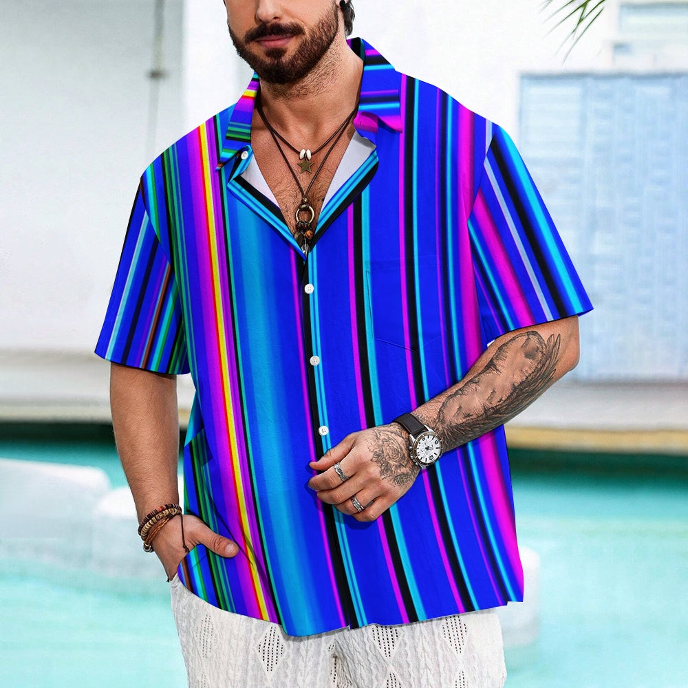 Men's Blue Stripes Casual Short Sleeve Shirt 2403000463