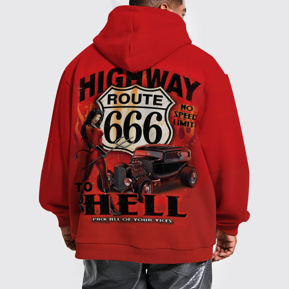 Plus Size Vintage Car & Demon Beauty Graphic Hoodie 2408002195