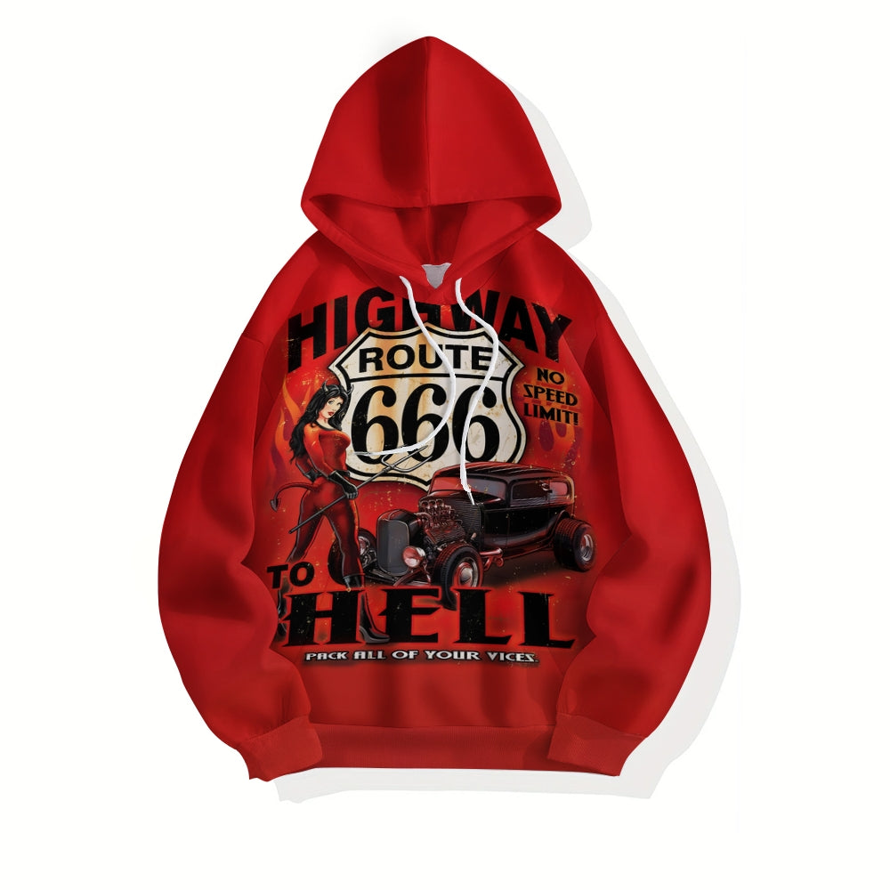 Plus Size Vintage Car & Demon Beauty Graphic Hoodie 2408002195