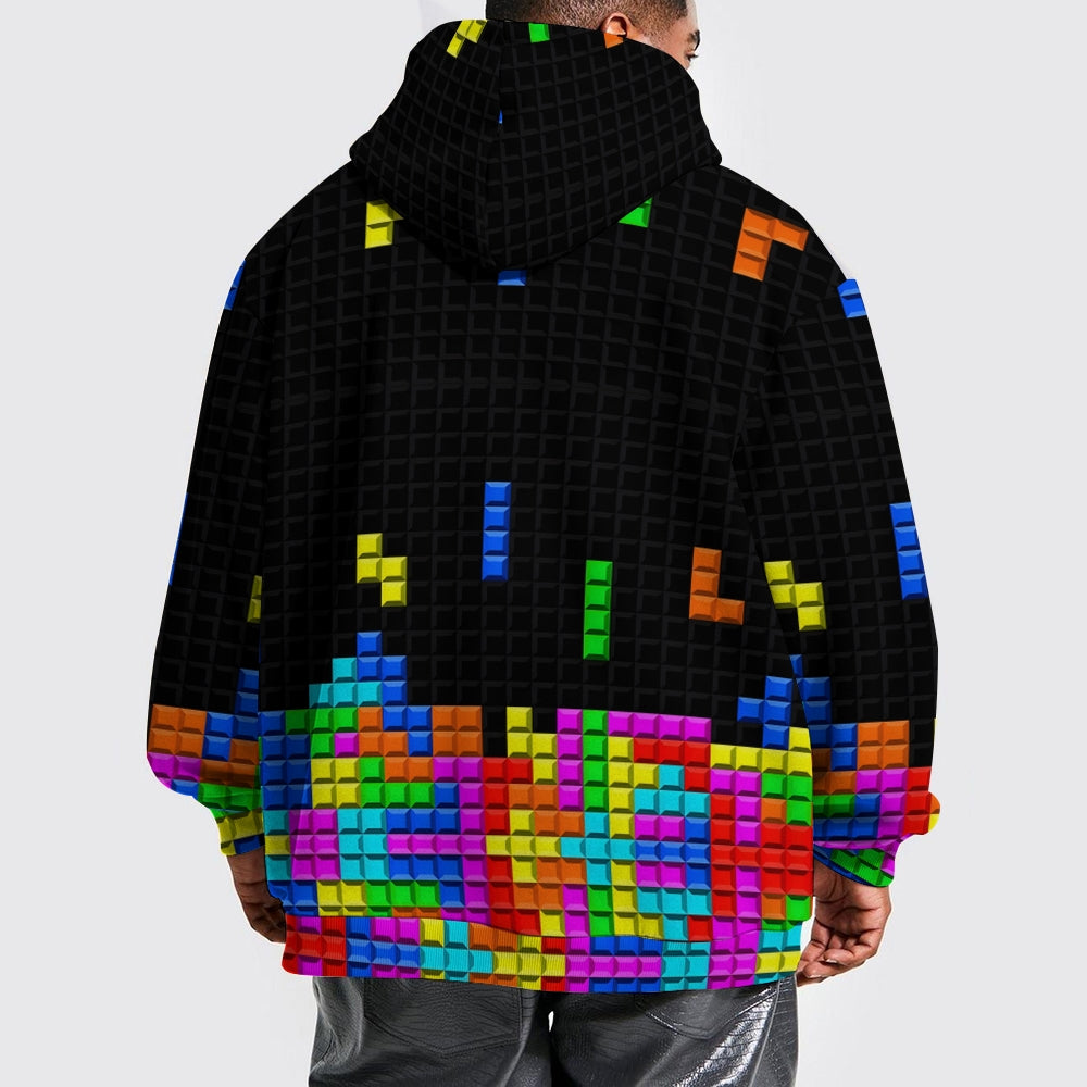 Unisex Casual Tetris Print Pocket Hoodie 2308100168