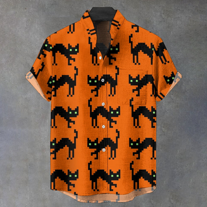 Halloween Pixel Black Cat Art Print Casual Shirt 2408002381