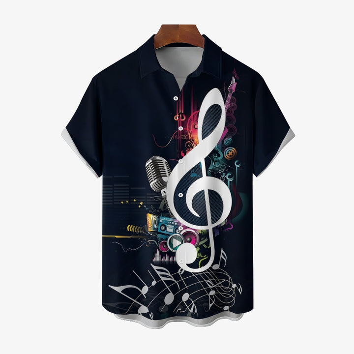 Men's Music Notes Pattern Trendy Short Sleeve Lapel Shirt 2408003147