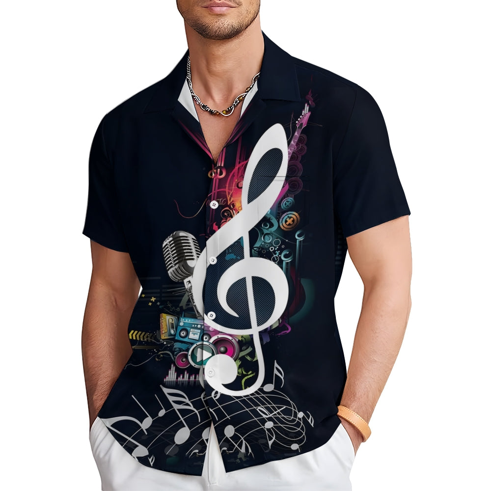 Men's Music Notes Pattern Trendy Short Sleeve Lapel Shirt 2408003147