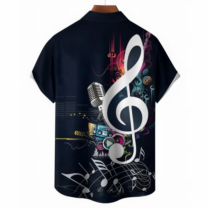 Men's Music Notes Pattern Trendy Short Sleeve Lapel Shirt 2408003147