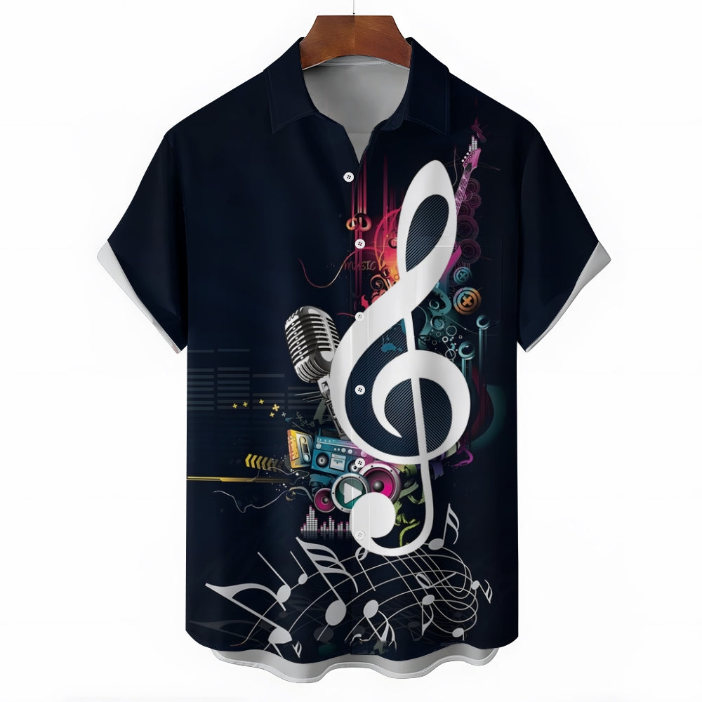 Men's Music Notes Pattern Trendy Short Sleeve Lapel Shirt 2408003147