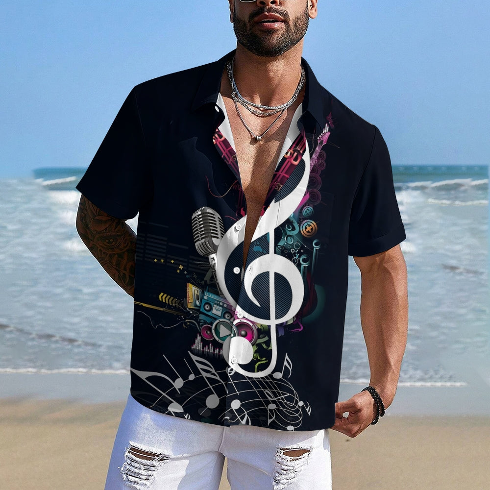 Men's Music Notes Pattern Trendy Short Sleeve Lapel Shirt 2408003147