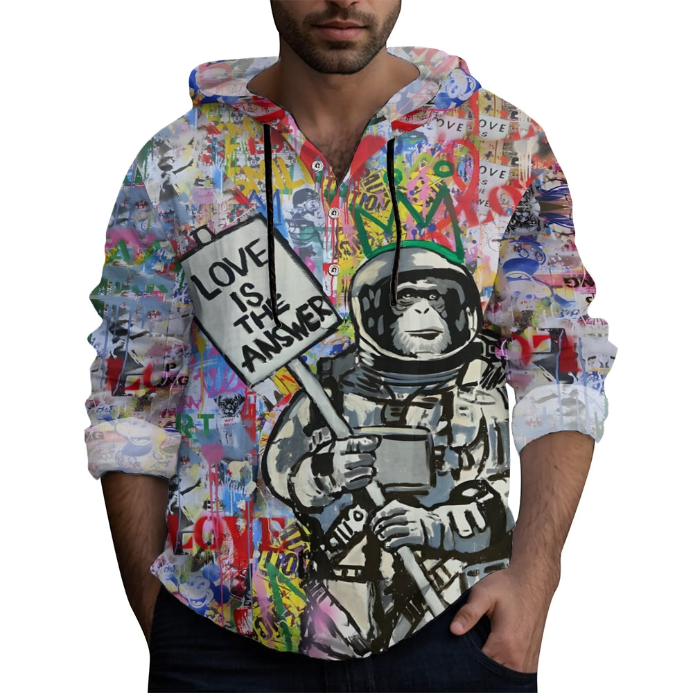 Men's Astronaut Monkey Love is the Answer Doodle Art Print Hooded Shirt 2408003234