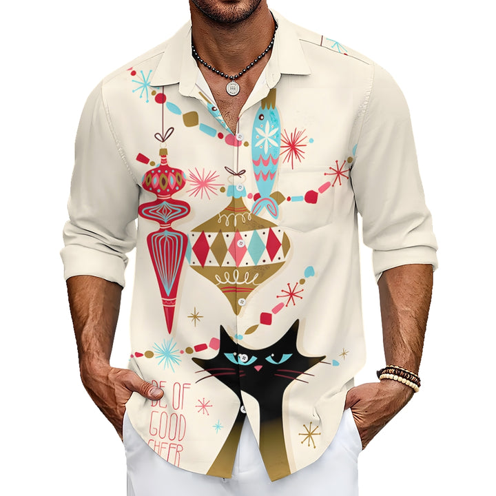 Men's Casual Festive Cat Printed Long Sleeve Shirt 2312000276