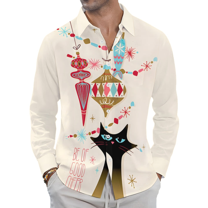 Men's Casual Festive Cat Printed Long Sleeve Shirt 2312000276