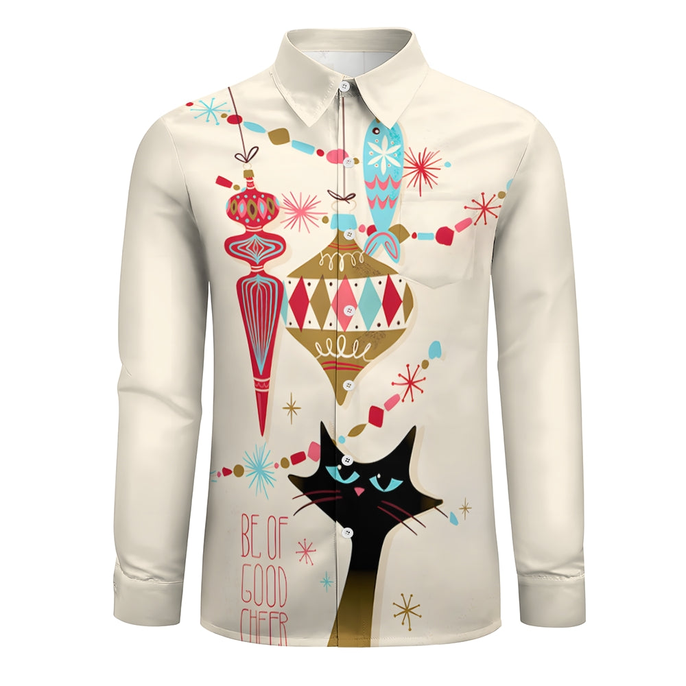 Men's Casual Festive Cat Printed Long Sleeve Shirt 2312000276