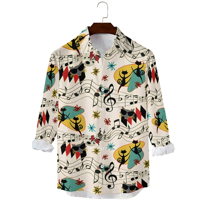 Men's Casual Geometric Cat Musical Notation Printed Long Sleeve Shirt 2401000164