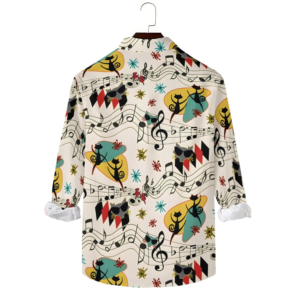 Men's Casual Geometric Cat Musical Notation Printed Long Sleeve Shirt 2401000164