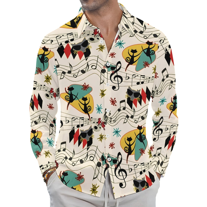 Men's Casual Geometric Cat Musical Notation Printed Long Sleeve Shirt 2401000164