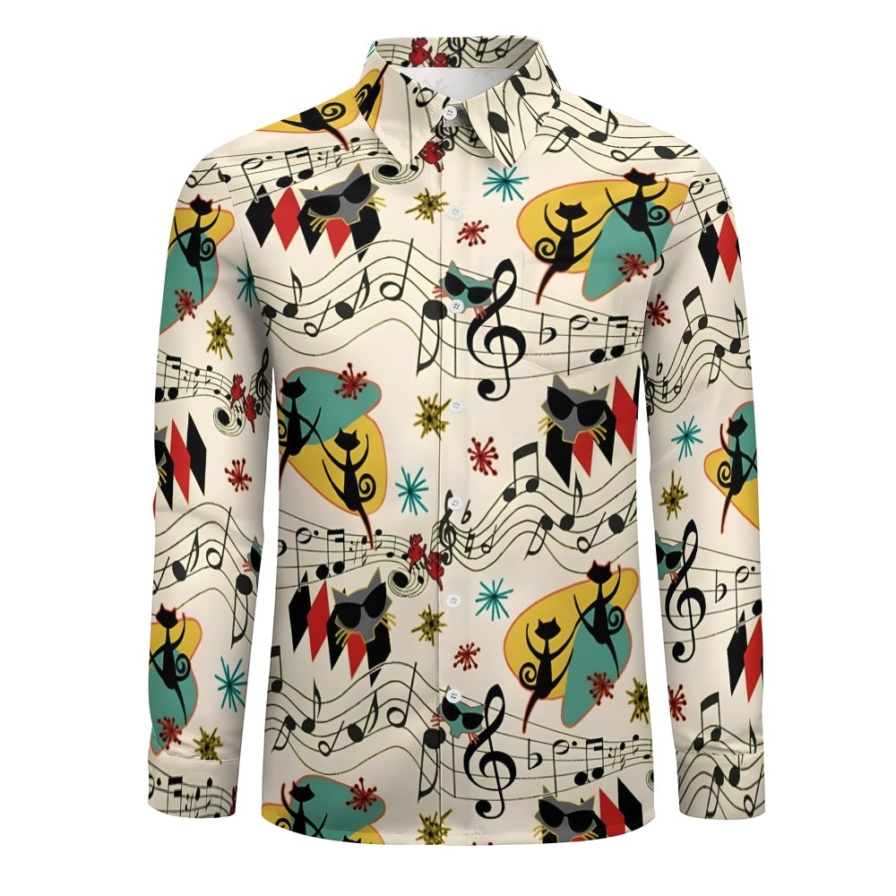 Men's Casual Geometric Cat Musical Notation Printed Long Sleeve Shirt 2401000164