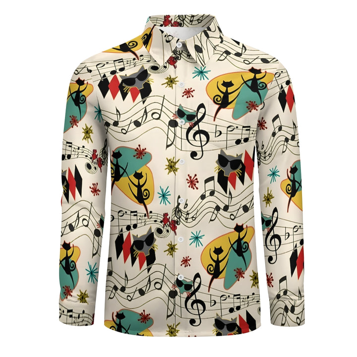 Men's Casual Geometric Cat Musical Notation Printed Long Sleeve Shirt 2401000164