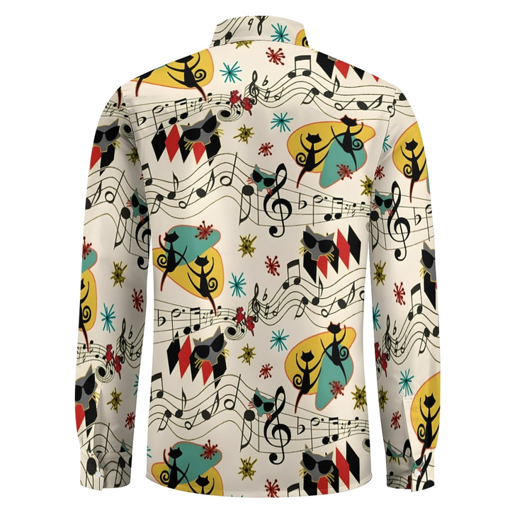 Men's Casual Geometric Cat Musical Notation Printed Long Sleeve Shirt 2401000164