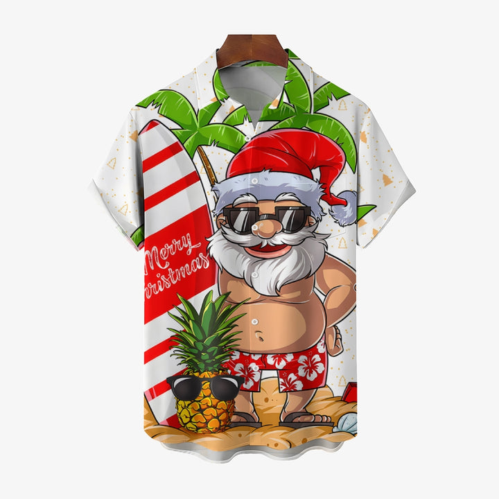 Santa's Beach Vacation Casual Print Chest Pocket Short Sleeve Shirt 2308100131