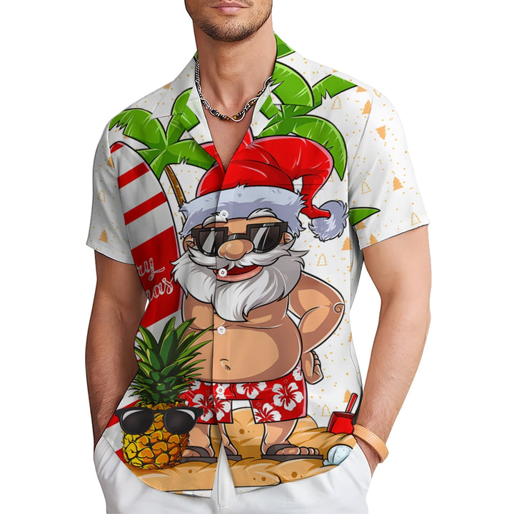 Santa's Beach Vacation Casual Print Chest Pocket Short Sleeve Shirt 2308100131