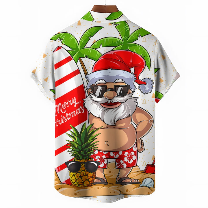 Santa's Beach Vacation Casual Print Chest Pocket Short Sleeve Shirt 2308100131